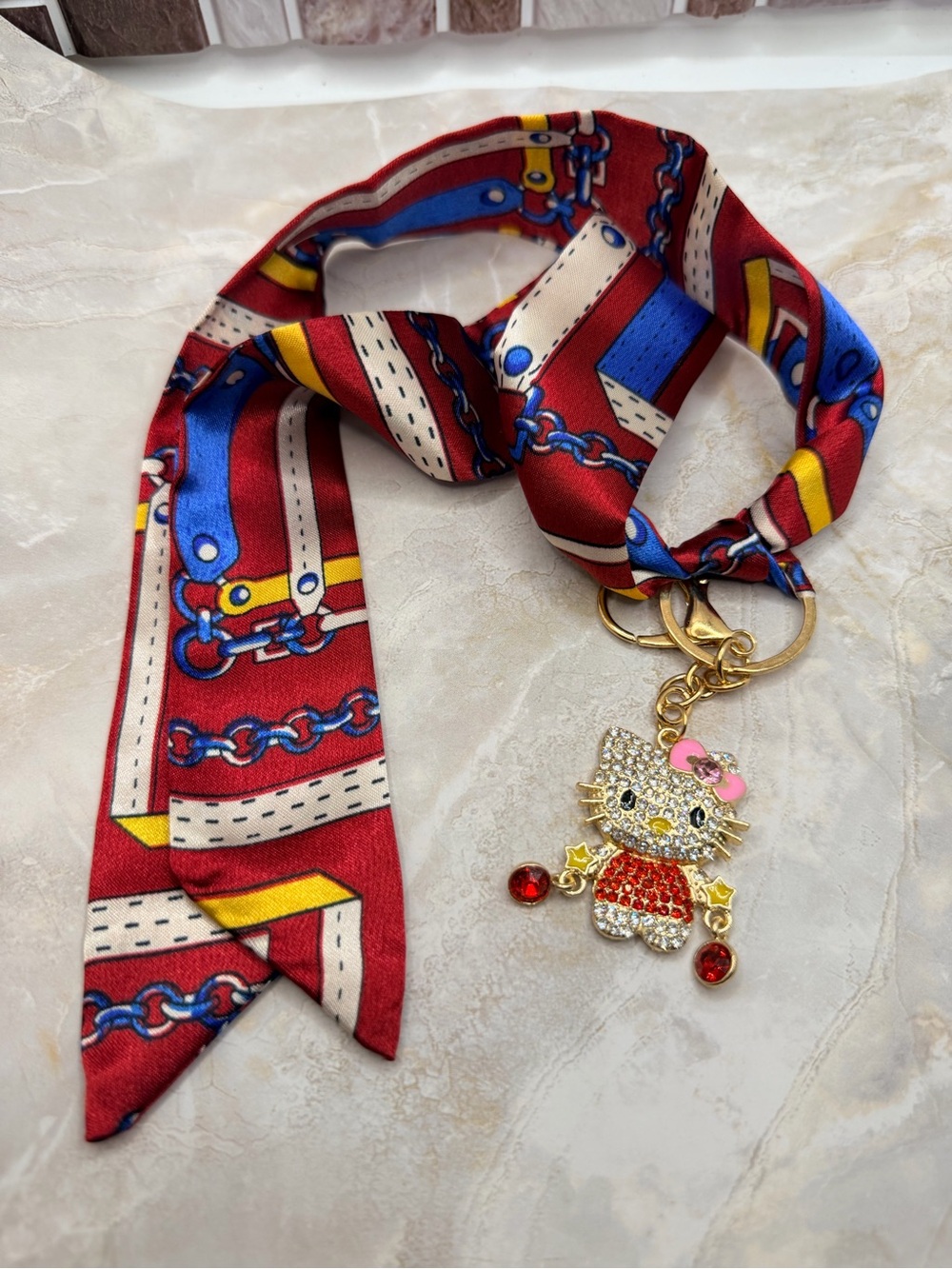 Red Chain-Print Silk Scarf Keychain with Crystal Cat Charm